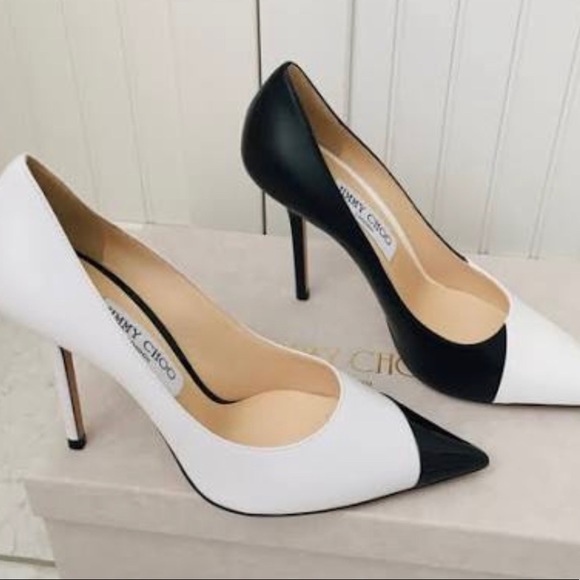 Jimmy Choo Black and White Love 100 Asymmetrical Two-tone Leather Pumps - Picture 1 of 12
